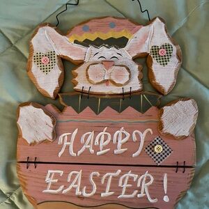Pink Wooden Bunny 'Happy Easter' Wall Sign